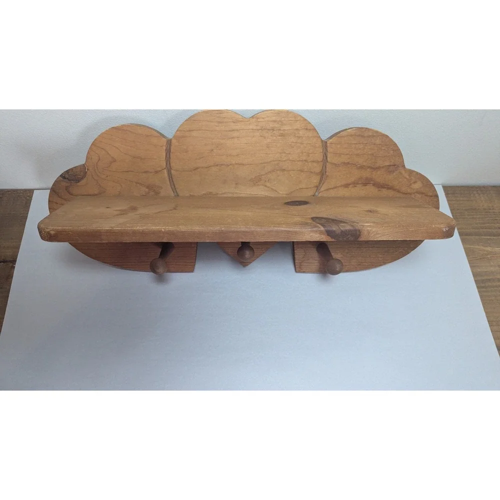 Vintage Rustic Wood Triple Heart Wall Shelf 3 Peg‎ Hooks Farmhouse Cottage Decor